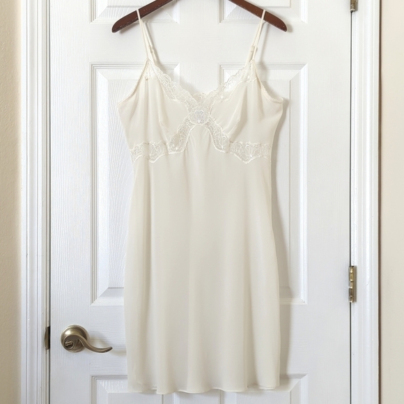 Vanity Fair 90's Vintage Sheer Lace Trim Sleeveless Mini Slip Dress White Large - Picture 1 of 11